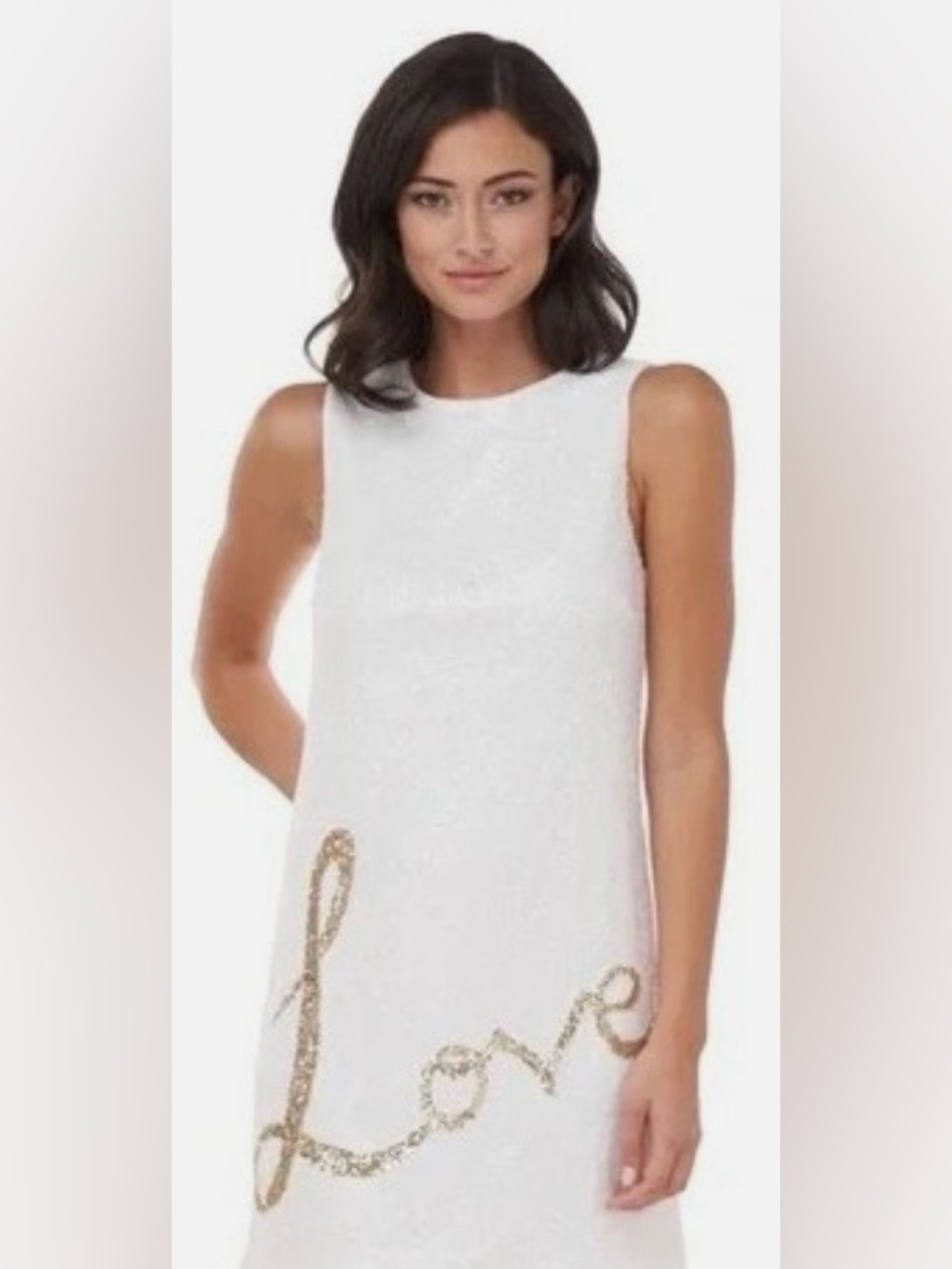 Love by Theia BHLDN Kaida White Sequin Mini Dress with Gold 'Love' Script